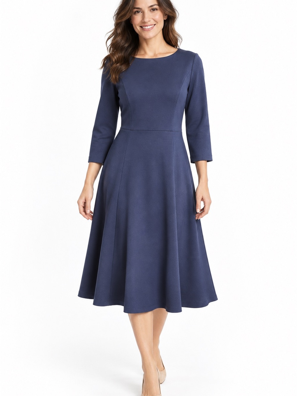 Boden Women’s US 6P Navy Ponte Knit Fit & Flare 3/4 Sleeve Petite Midi Dress